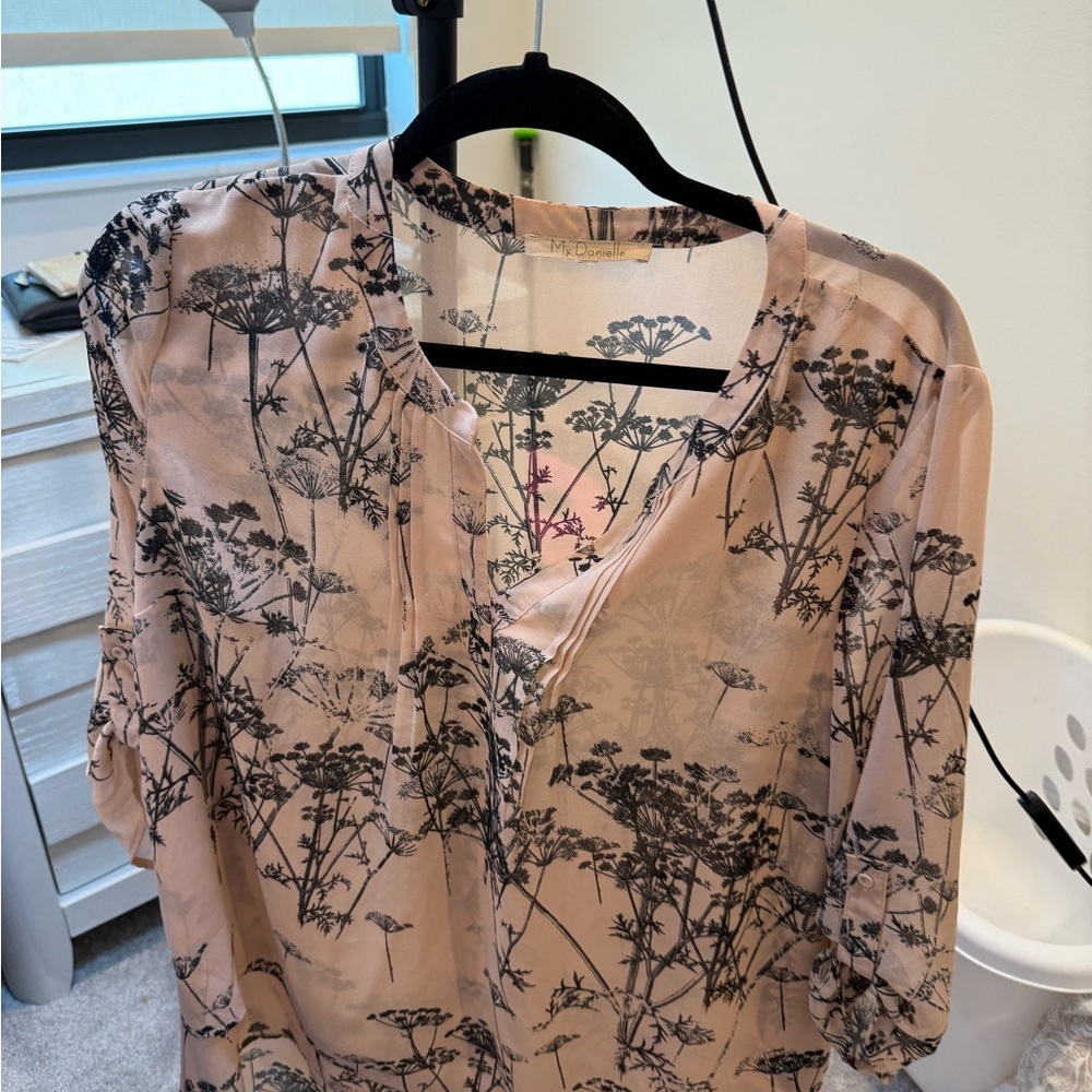 Pink and Black Sheer Blouse with Floral Print